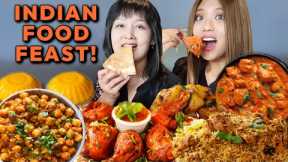 EATING INDIAN FOOD FEAST! TANDOORI CHICKEN, BUTTER CHICKEN, CHICKEN BIRYANI, CURRY, MANGO DESSERT