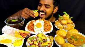 Eating Indian Street Food Pani puri/golgappe Papri chaat Kachori Noodles Egg Roll eating video ASMR