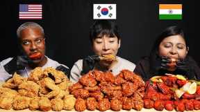 [AMERICA vs INDIA vs KOREA] People Try Each Other's Chicken!! FRIED, SPICY, TANDOORI (ASMR MUKBANG)