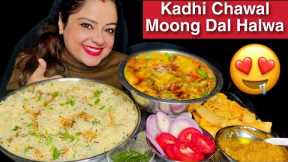 EATING KADHI CHAWAL, MOONG DAL HALWA, CHUTNEY CHIPS & SALAD | Homemade Indian Veg Food MUKBANG ASMR