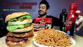 SAMYANG SPICIEST SAUCE WITH 2x SPICY NUCLEAR FIRE NOODLES, BLACK BEAN BURGER, GIANT BURGER