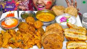 Eating Holi Special Food ❤️ Aloo Pyaaz Pakore, Bread Pakoda, Kheer, Poori, Kachori Mukbang 🔥 ASMR