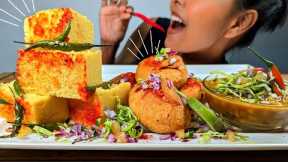 EATING SPICY KACHORI, DHOKLA, GHUGNI WITH EXTRA CHILLIES MUKBANG | INDIAN STREET FOOD MUKBANG