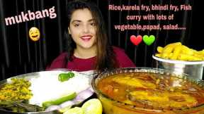 Eating huge Bengali style vegetable fish curry,karela fry,bhindi fry,papad,Mukbang,ASMR,Big Bites🤤..