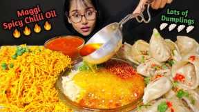 Eating Momo, Maggi with Spicy Chilli Oil | Asmr Eating | Big Bites | Mukbang | Dumplings Asmr