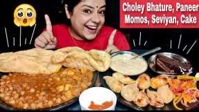EATING CHOLEY BHATURE, MOMOS, SEVIYAN, CAKE | Indian Veg Food Mukbang