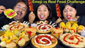 Emoji vs Real Food Challenge - Pizza, Panipuri, Burger, Noodles, Chicken Satay Eating Challenge
