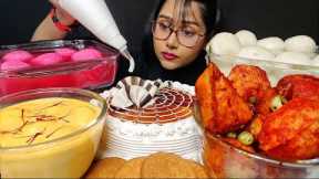 Eating Spicy Sukha Poori, Rasgulla, Rose Rasmalai🌹🌹 Cake | Big Bites | Asmr Eating | Mukbang