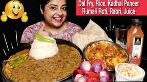 EATING DAL FRY, KADHAI PANEER, RICE, RUMALI ROTI, MALAI RABRI | Indian Veg Food Mukbang