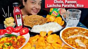 EATING CHOLE MASALA, PANEER MASALA, LACHCHA PARATHA, RICE, BURFI, CHIPS | Indian Veg Mukbang