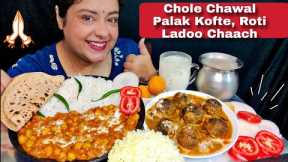 EATING CHOLE CHAWAL, PALAK KOFTE, ROTI, LADOO, CHAACH | Indian Veg Food Mukbang