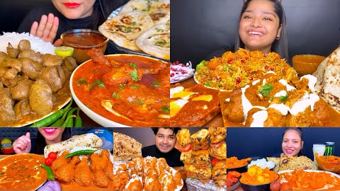 ASMR:EATING INDIAN BUTTER CHICKEN WITH BUTTER NAAN,SPICY MUTTON KALEJI WITH JEERA RICE,CHICKEN KEBAB