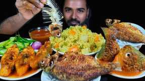 ASMR EATING FISH CURRY, WHOLE FISH FRY, VEGETABLE PULAO & SALAD MUKBANG | FOOD CHALLENGE ASMR INDIAN