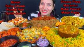 Eating Spicy🔥 Masala Macaroni, Cheesy Pizza, Matar Paneer, Matar Pulao, noodles, Manchurian, Momo