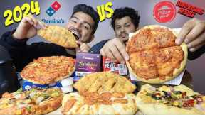 INDIAN DOMINO'S vs PIZZA HUT CHEESY CHICKEN PEPPERONI PIZZA, VEG SUPREME PIZZA, GARLIC BREAD MUKBANG